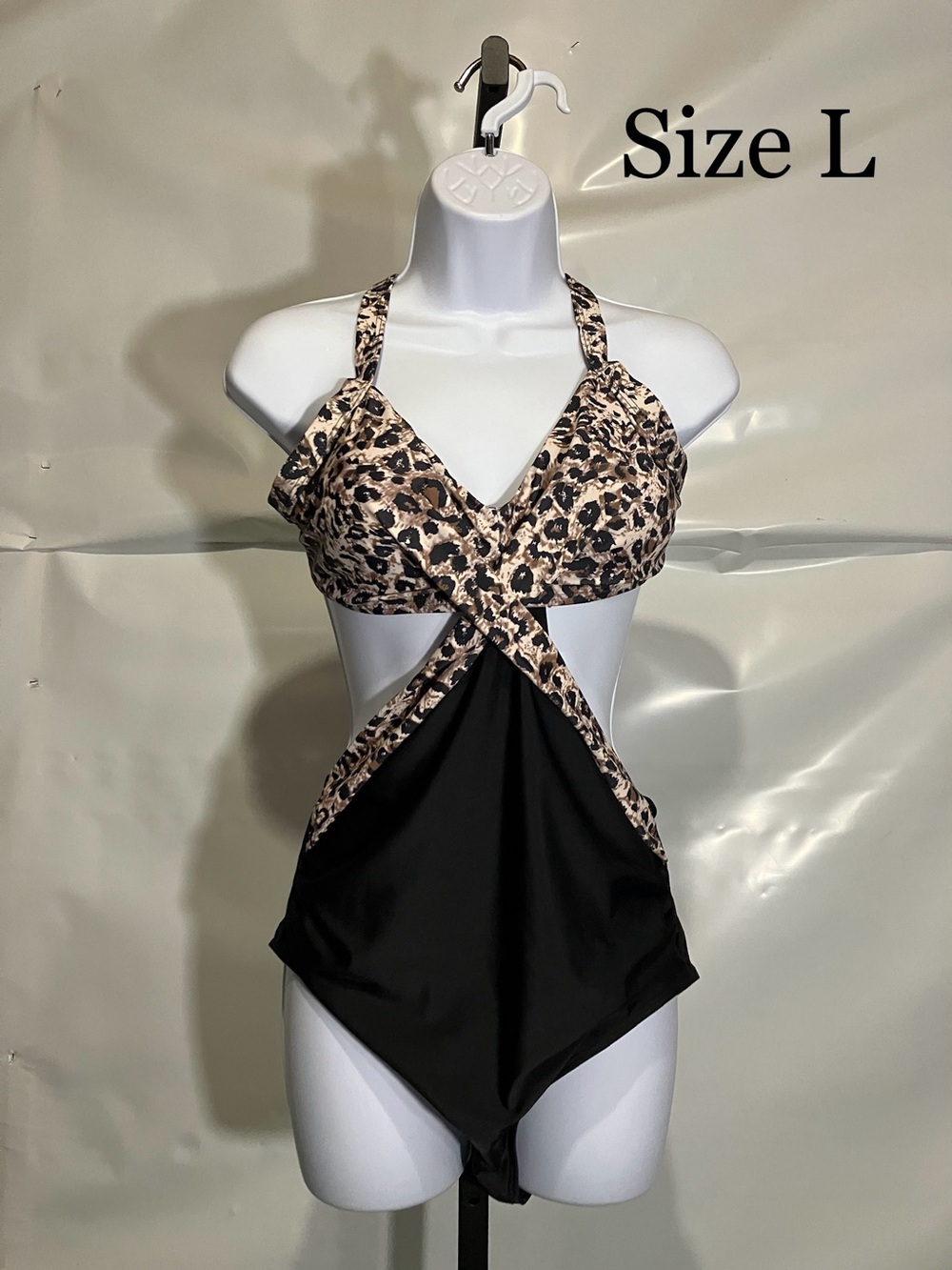 Women’s Leopard Print & Black One-Piece Monokini Swimsuit  Size L